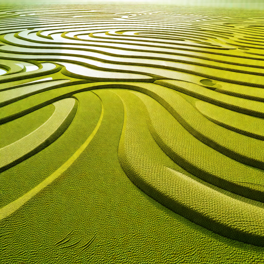 Large, lush green field with a series of mounds and hills