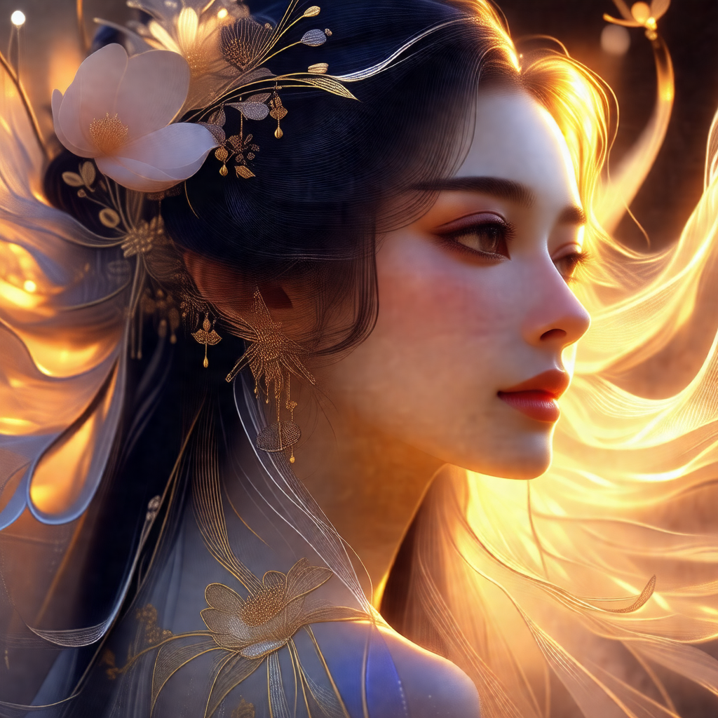 Beautiful woman with long hair, wearing a flowing dress