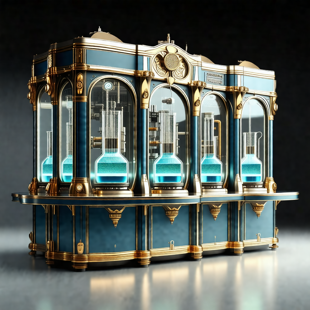 Large, ornate blue and gold cabinet with a row of blue va...