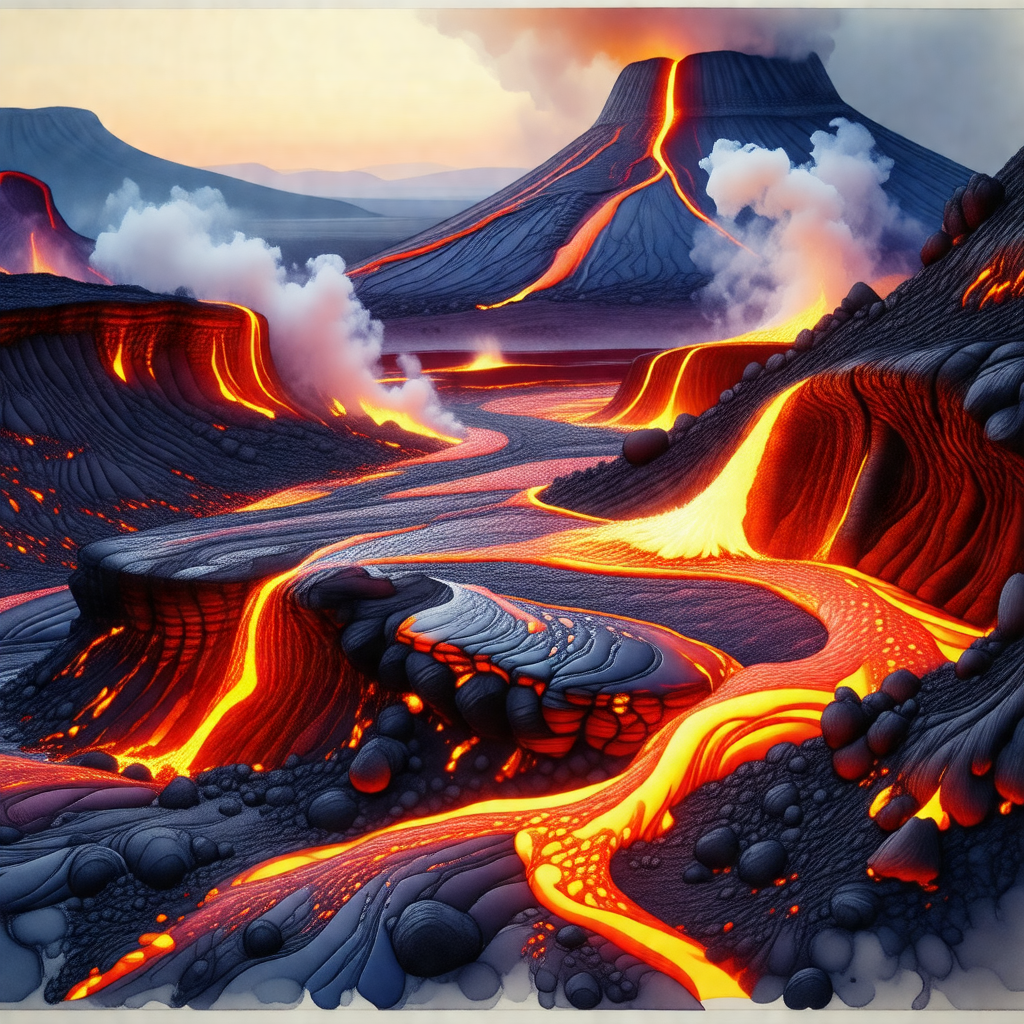 Painting of a volcano with a river of lava flowing throug...