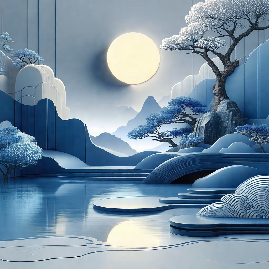 Painting of a serene landscape featuring a body of water,...