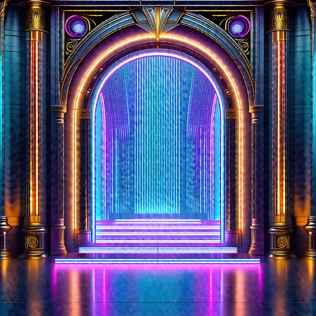 Large, ornate doorway with a purple and blue light illumi...