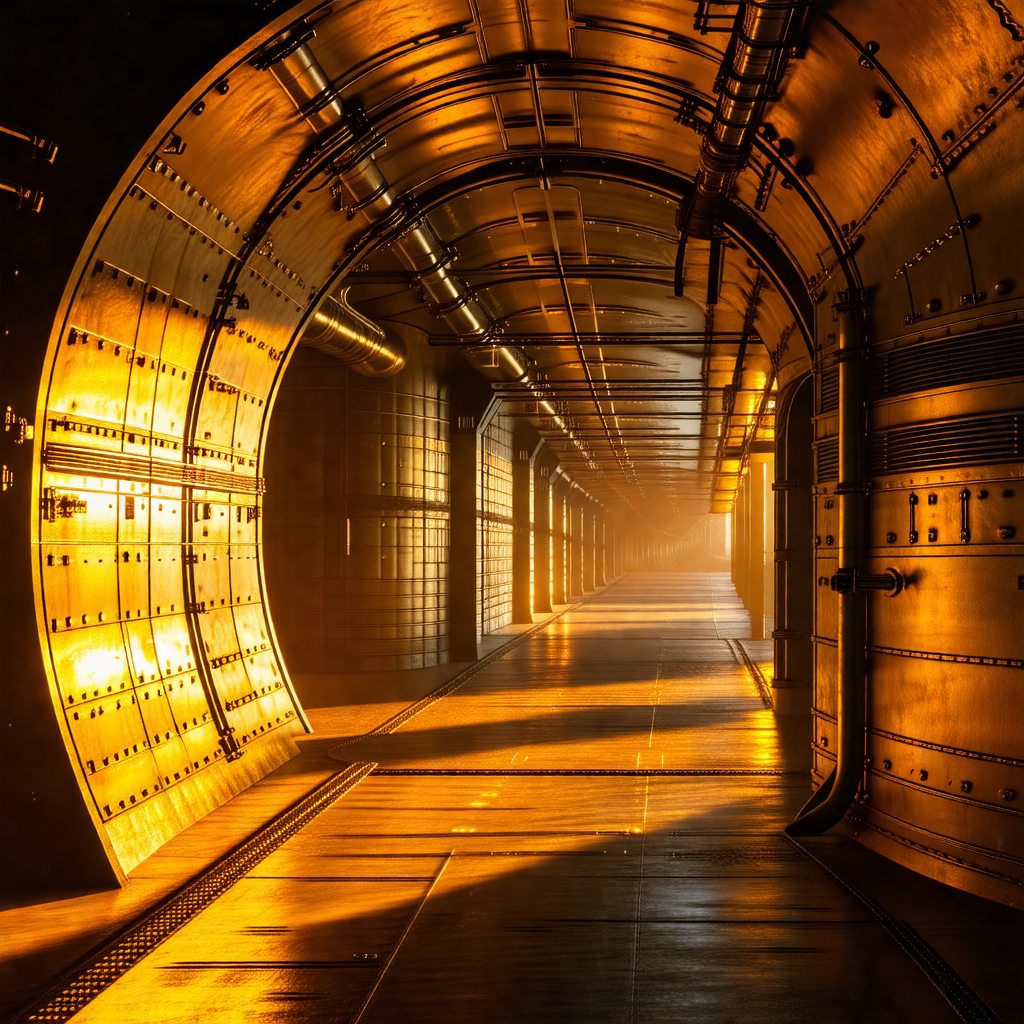 Long, narrow tunnel with a bright light at the end