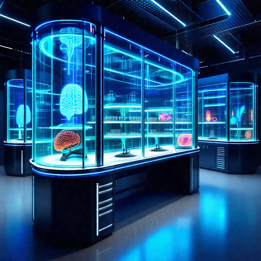 Large display case filled with various brain models and o...