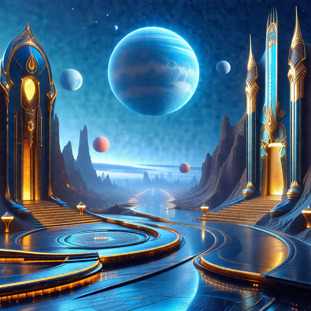 Digital painting of a futuristic city with a blue sky and...