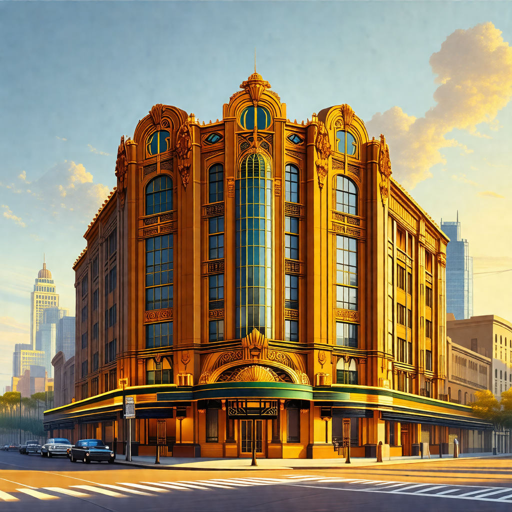 Painting of a large, ornate building with a prominent clo...