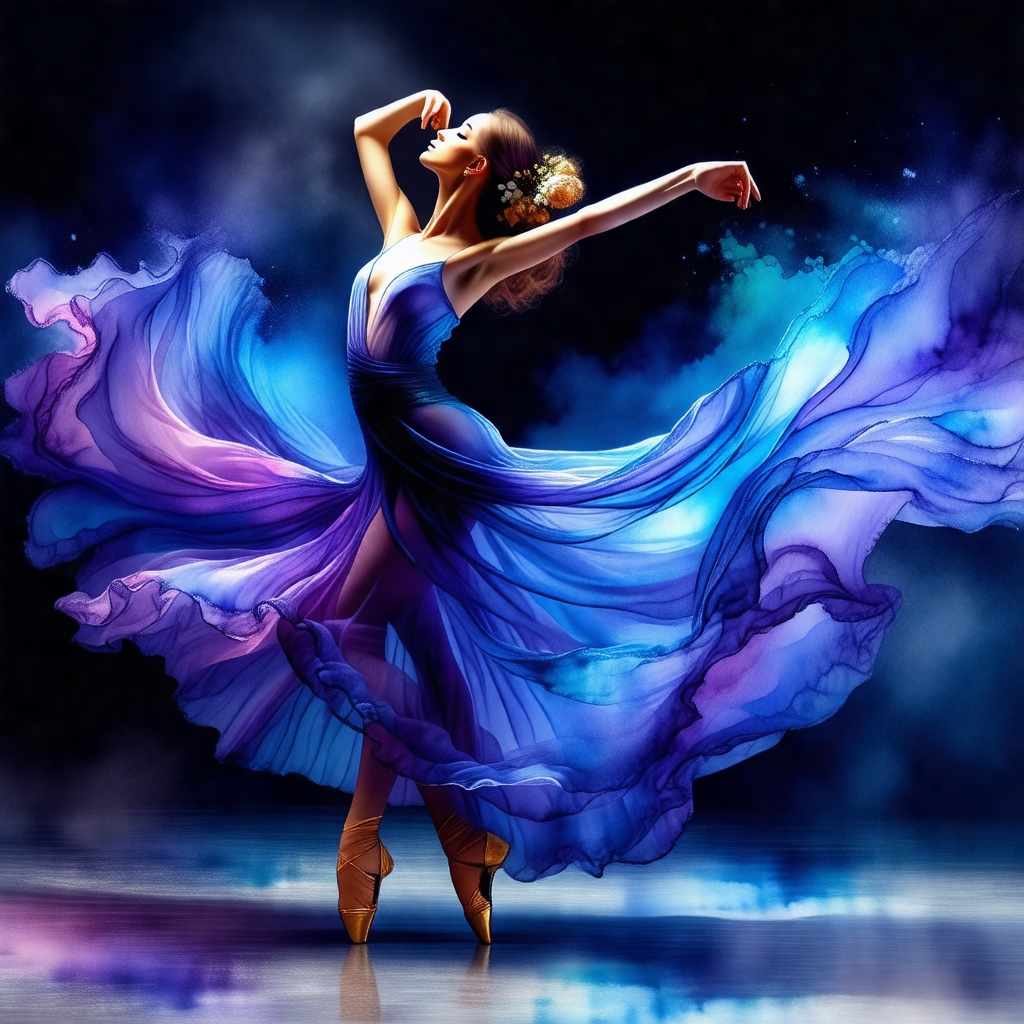 Woman in a flowing blue dress, standing on a stage and pe...