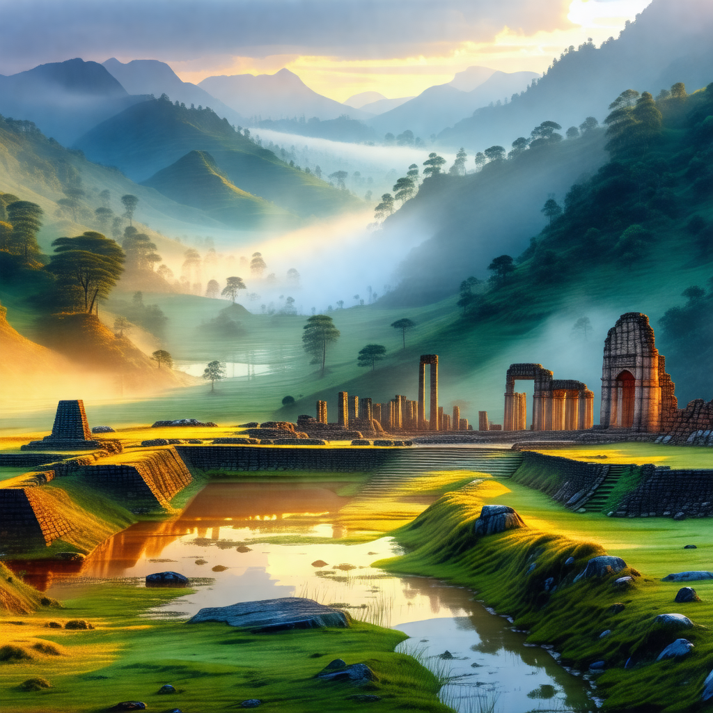 Painting of a beautiful landscape with a large body of wa...