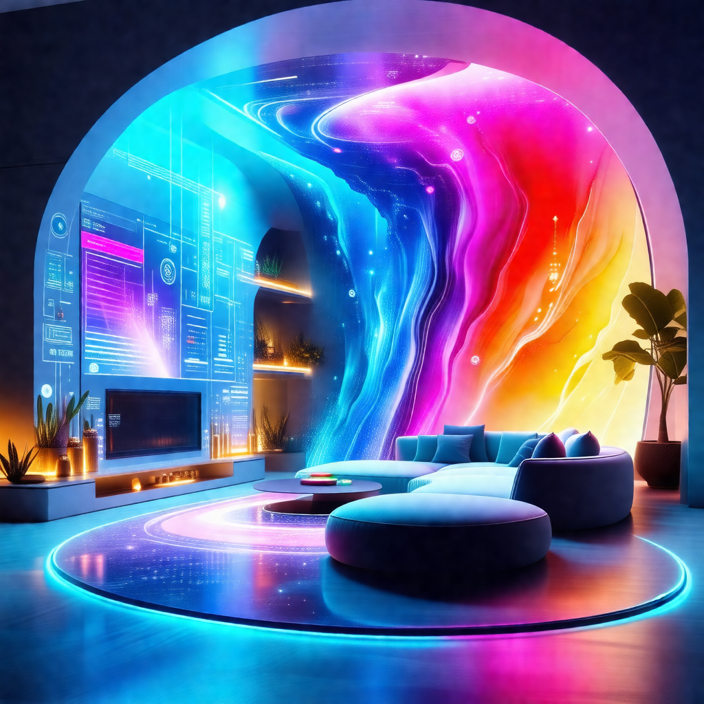Living room with a futuristic and colorful design
