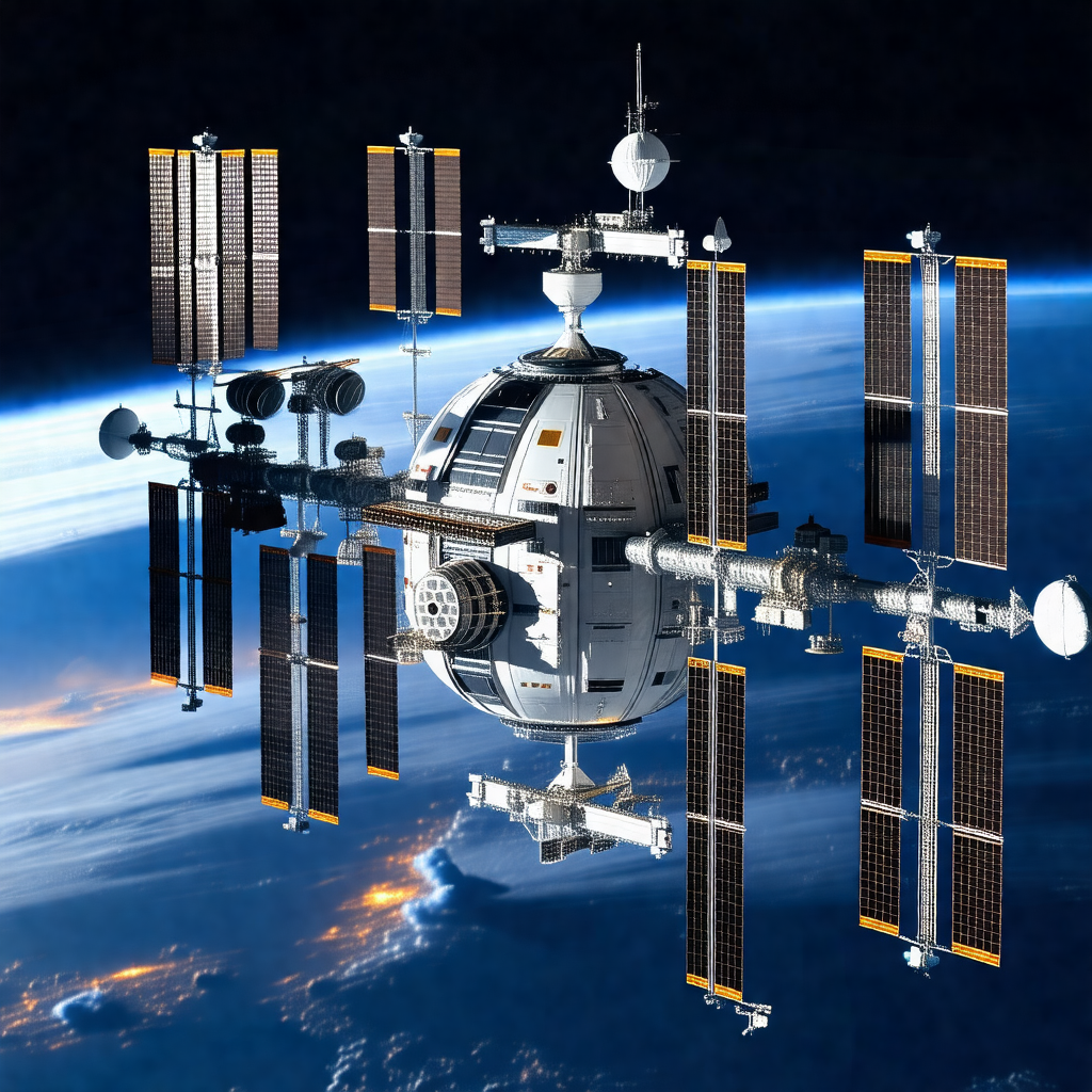 Large space station with a dome-shaped structure and a sa...