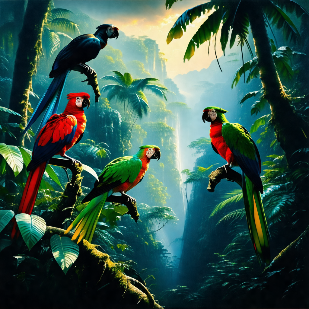 Group of colorful birds perched on tree branches in a lus...