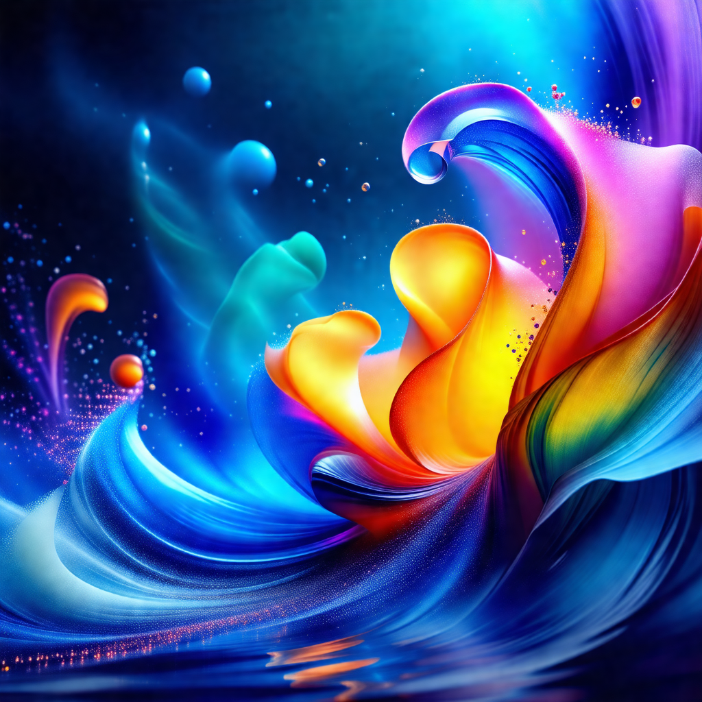 Colorful painting of a wave, featuring a mix of blue, ora...