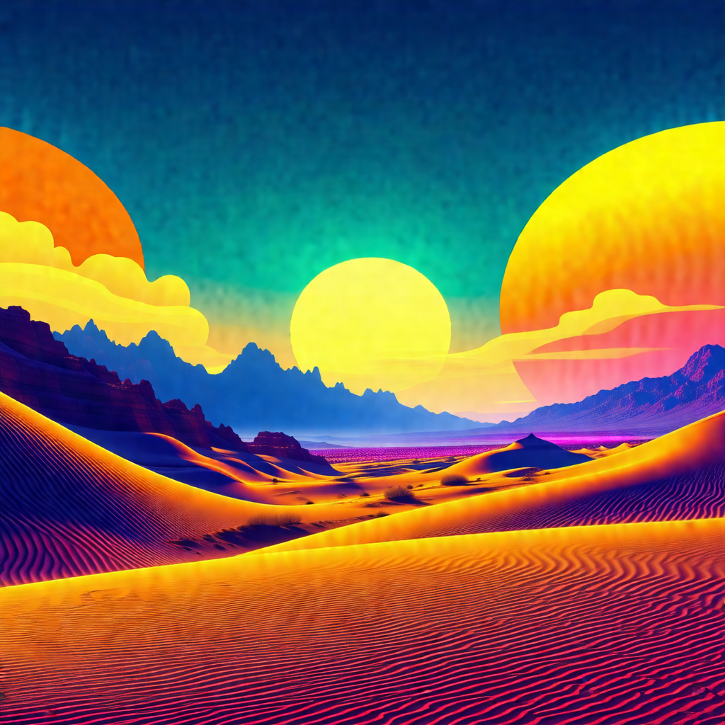 Colorful painting of a desert landscape with two suns in ...