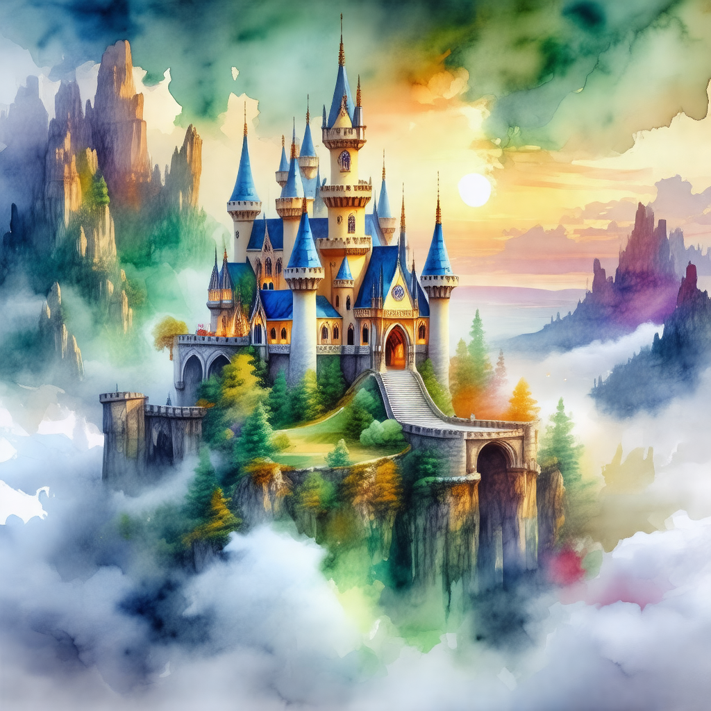 Painting of a majestic castle, situated on top of a hill