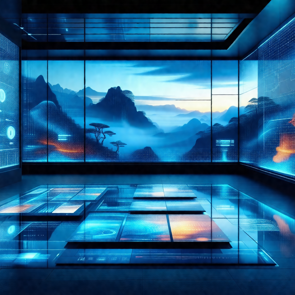 Large, open room with a blue-lit atmosphere