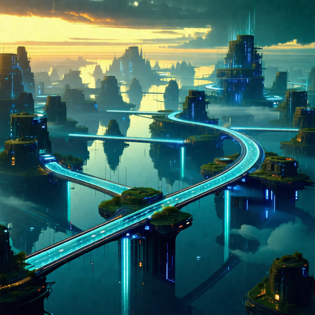 Futuristic cityscape with a large number of buildings and...