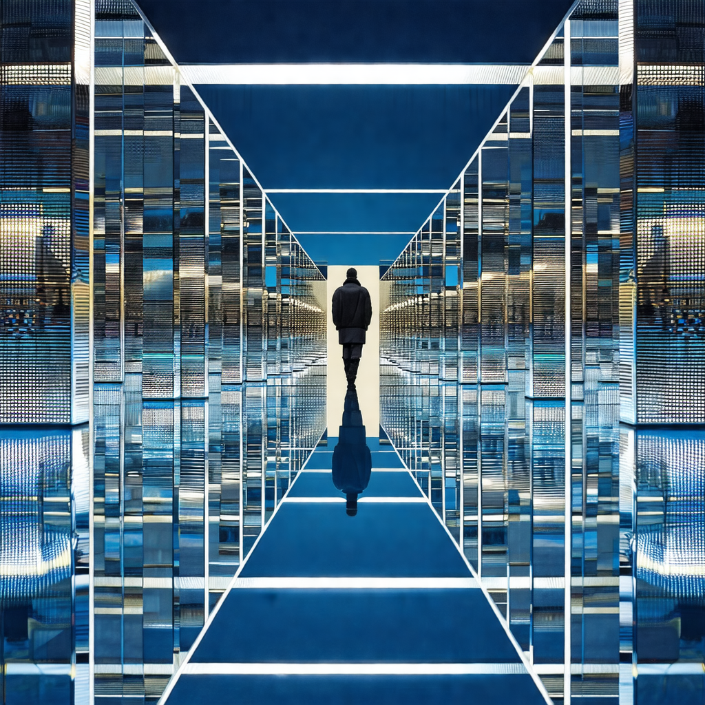Man walking down a hallway in a building