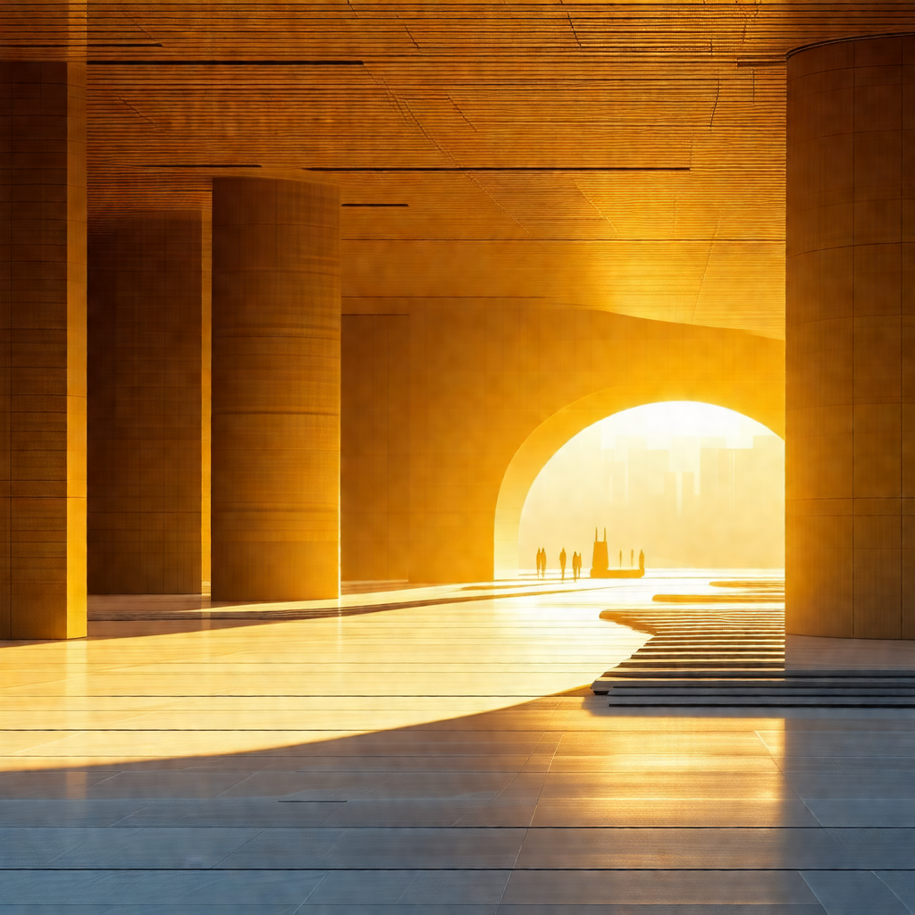 Group of people walking down a hallway in a building