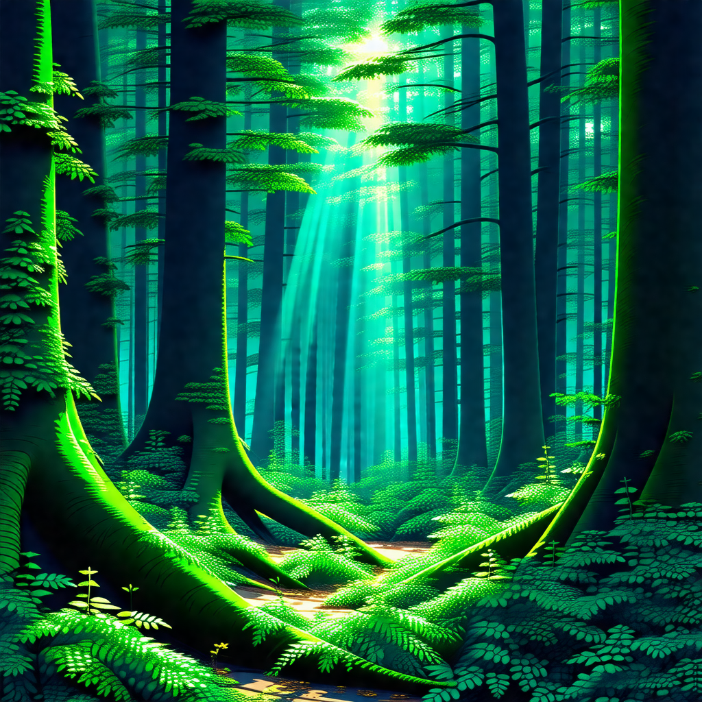 Lush green forest with a pathway leading through the trees