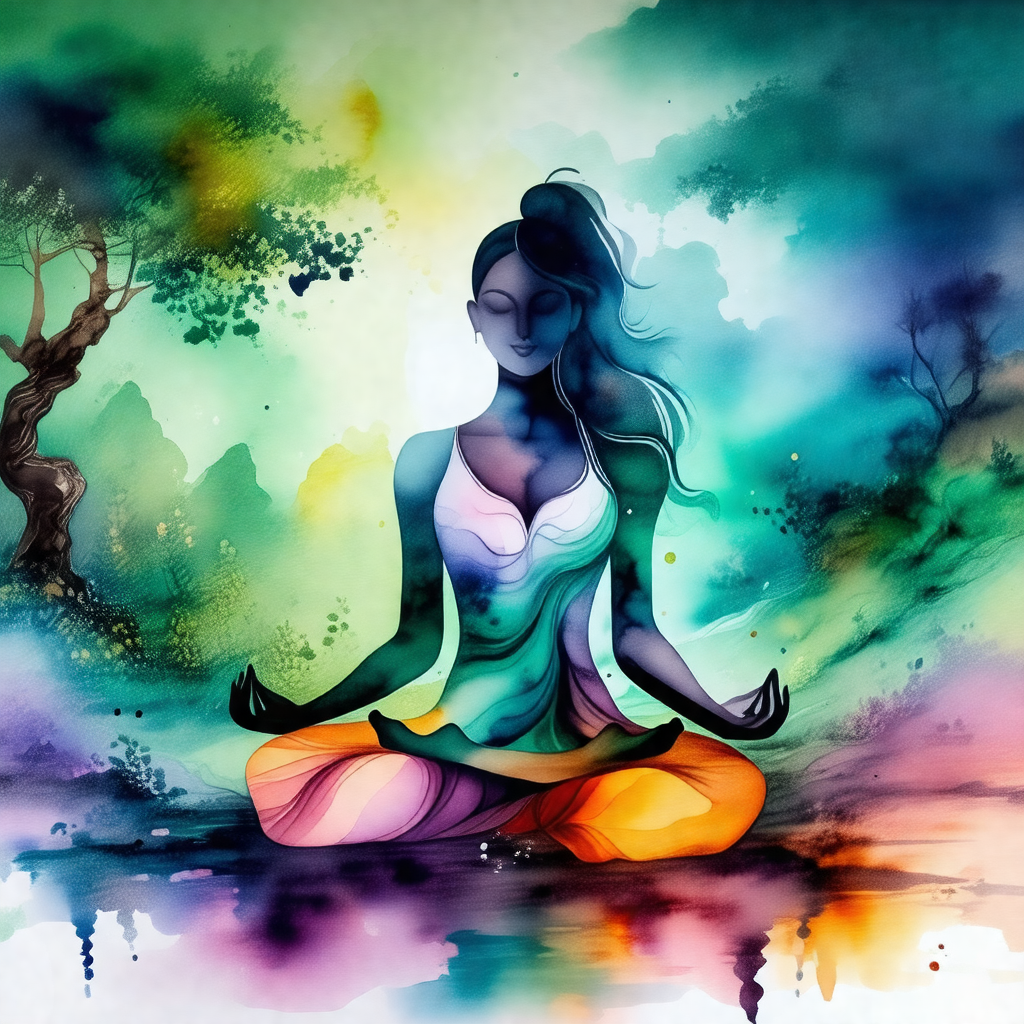 Woman sitting in a lotus position, meditating in a serene...
