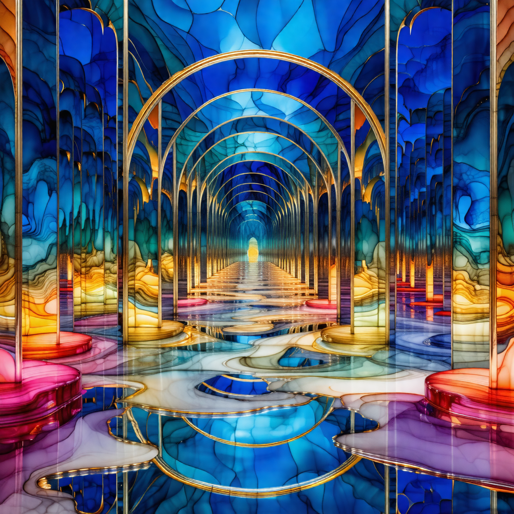 Large, colorful glass tunnel that leads to a brightly lit...