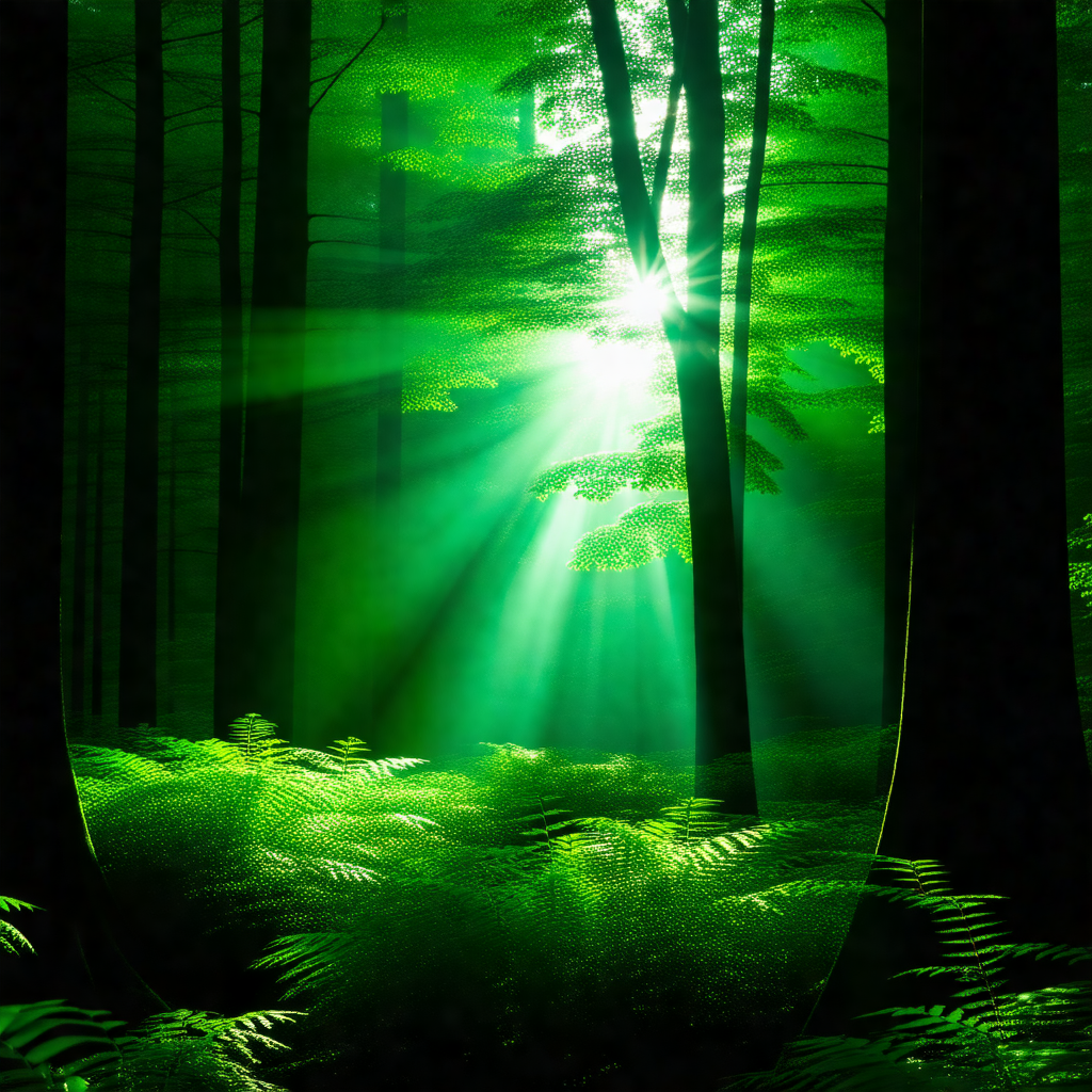Lush green forest filled with trees and ferns