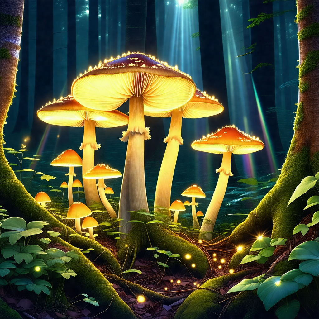 Forest with a group of mushrooms growing on the ground