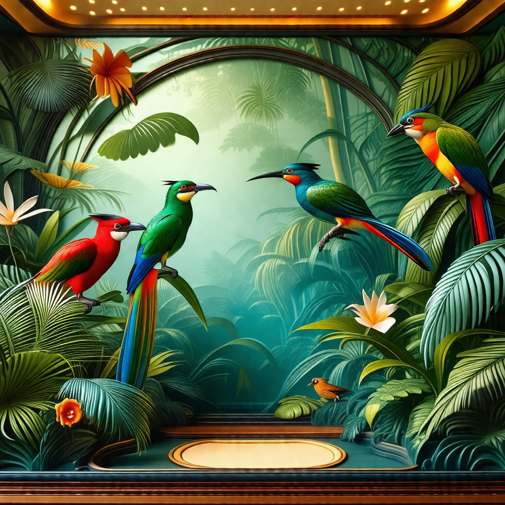 Group of colorful birds perched on a branch in a lush gre...