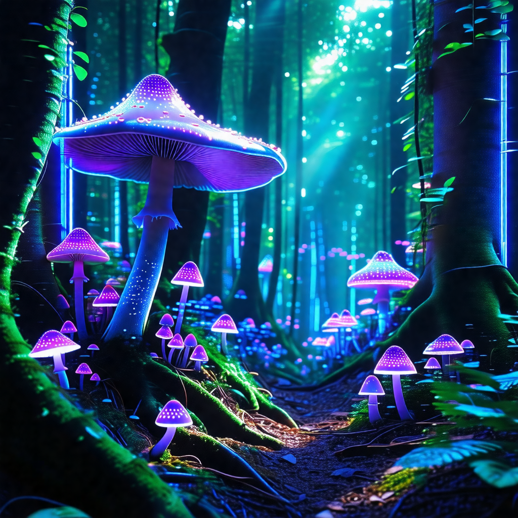 Forest with a pathway surrounded by a variety of mushrooms