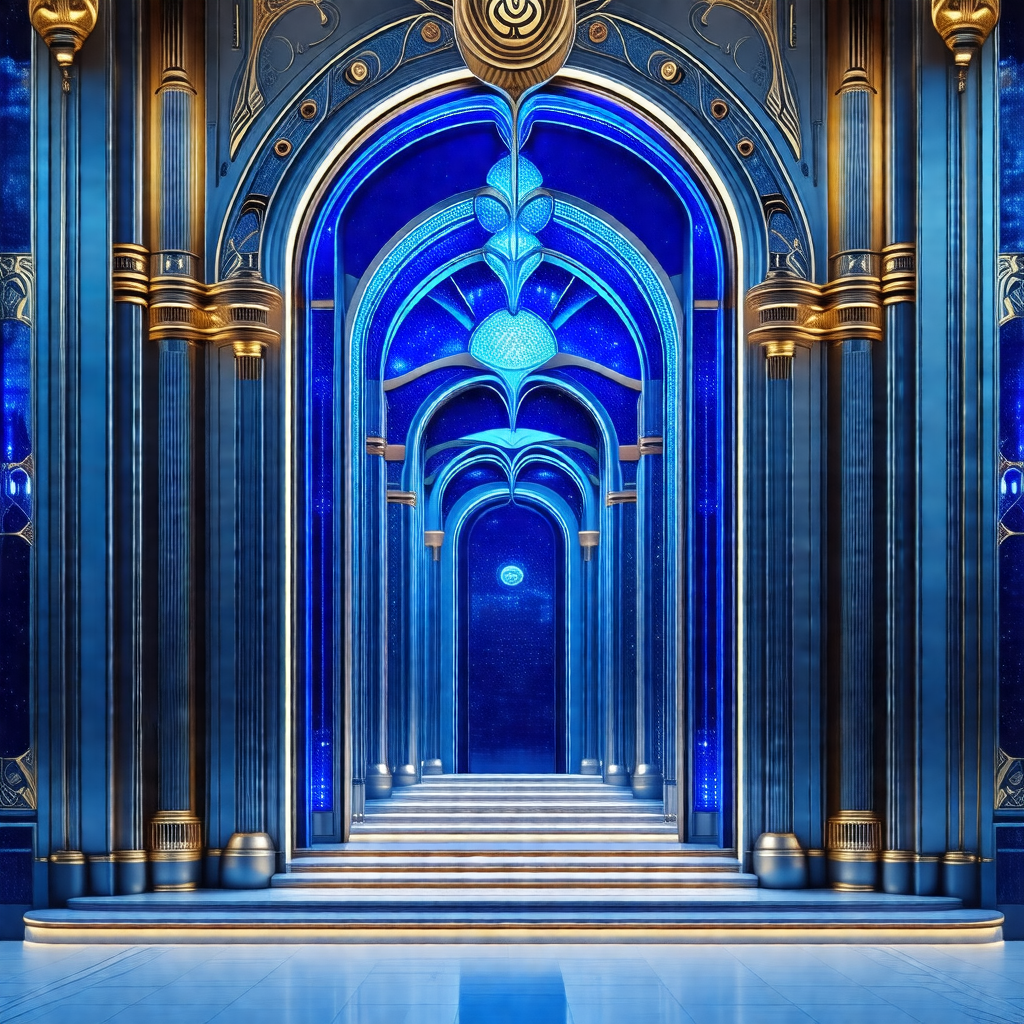 Large, ornate building with a blue and gold color scheme