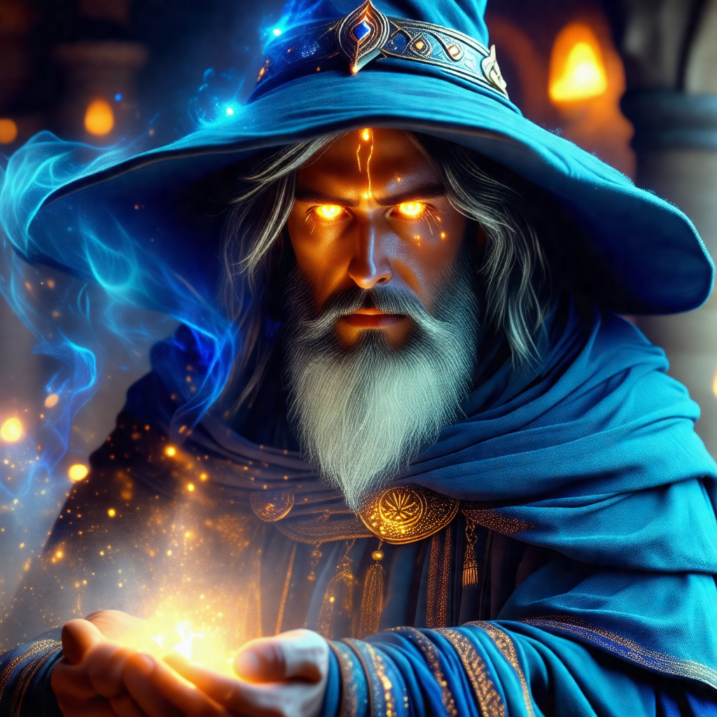 Man dressed in a blue robe, with a glowing light in his hand
