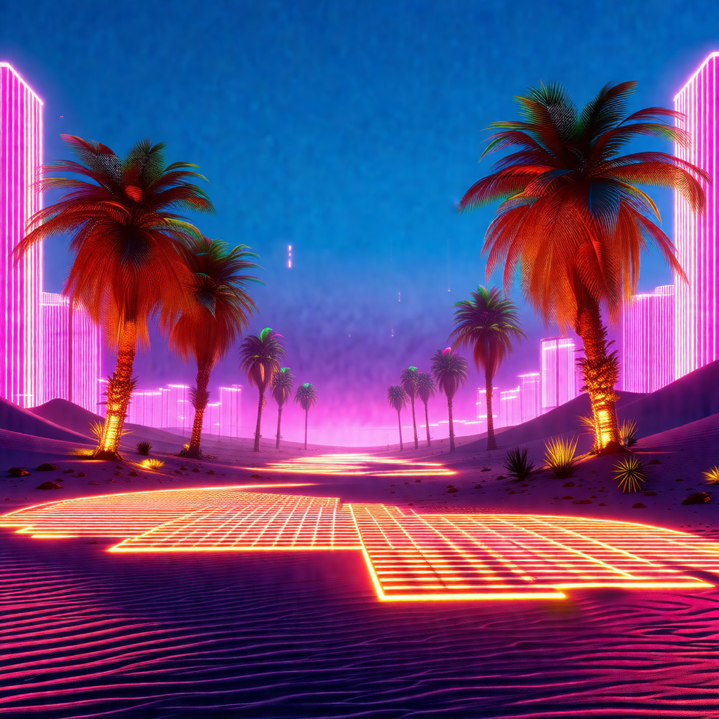 Futuristic, neon-colored scene of a desert road with palm...