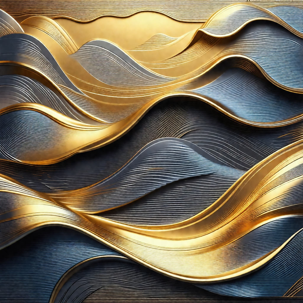 Large, intricate sculpture of a wave, made of gold and bl...