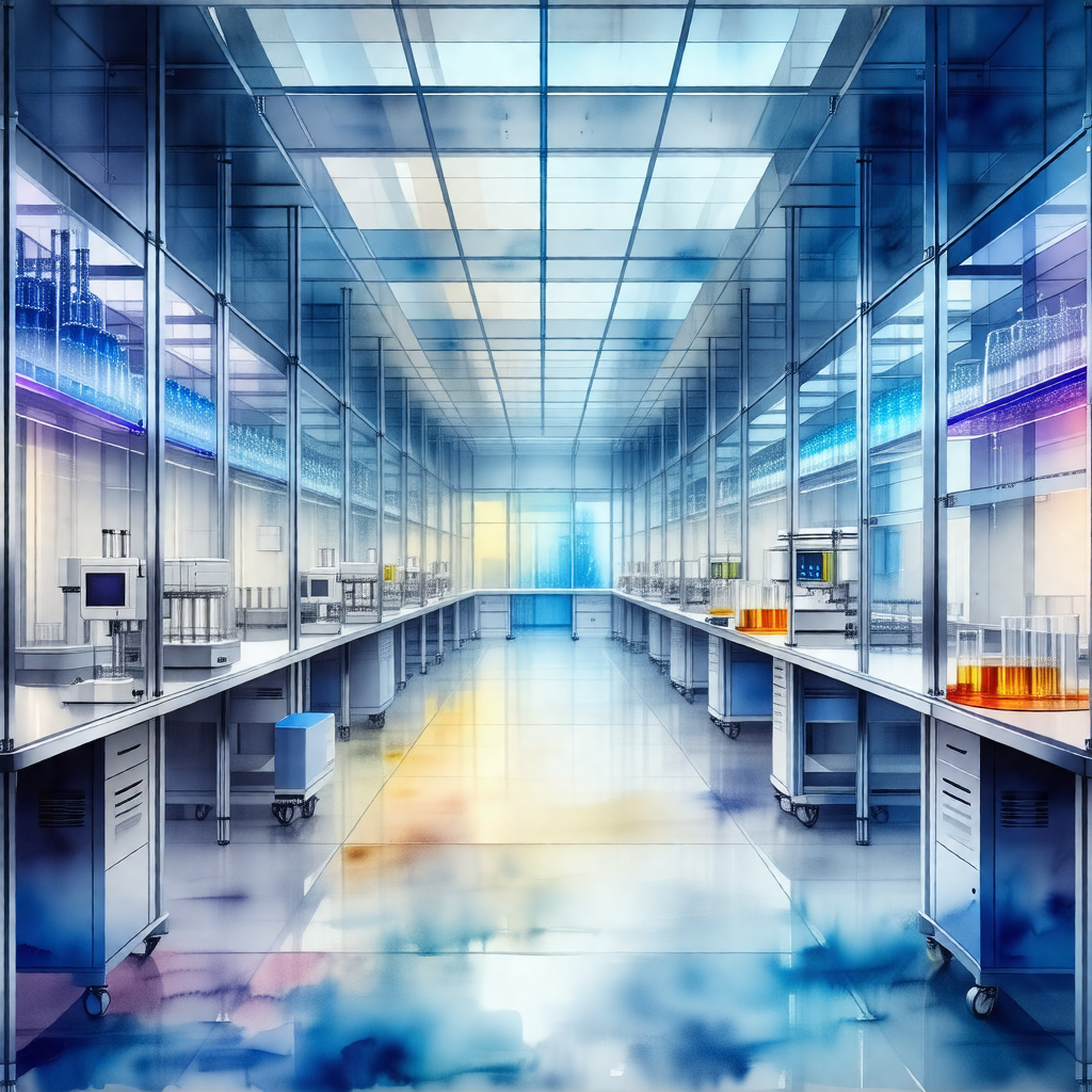 Large, clean, and well-lit laboratory with a long row of ...