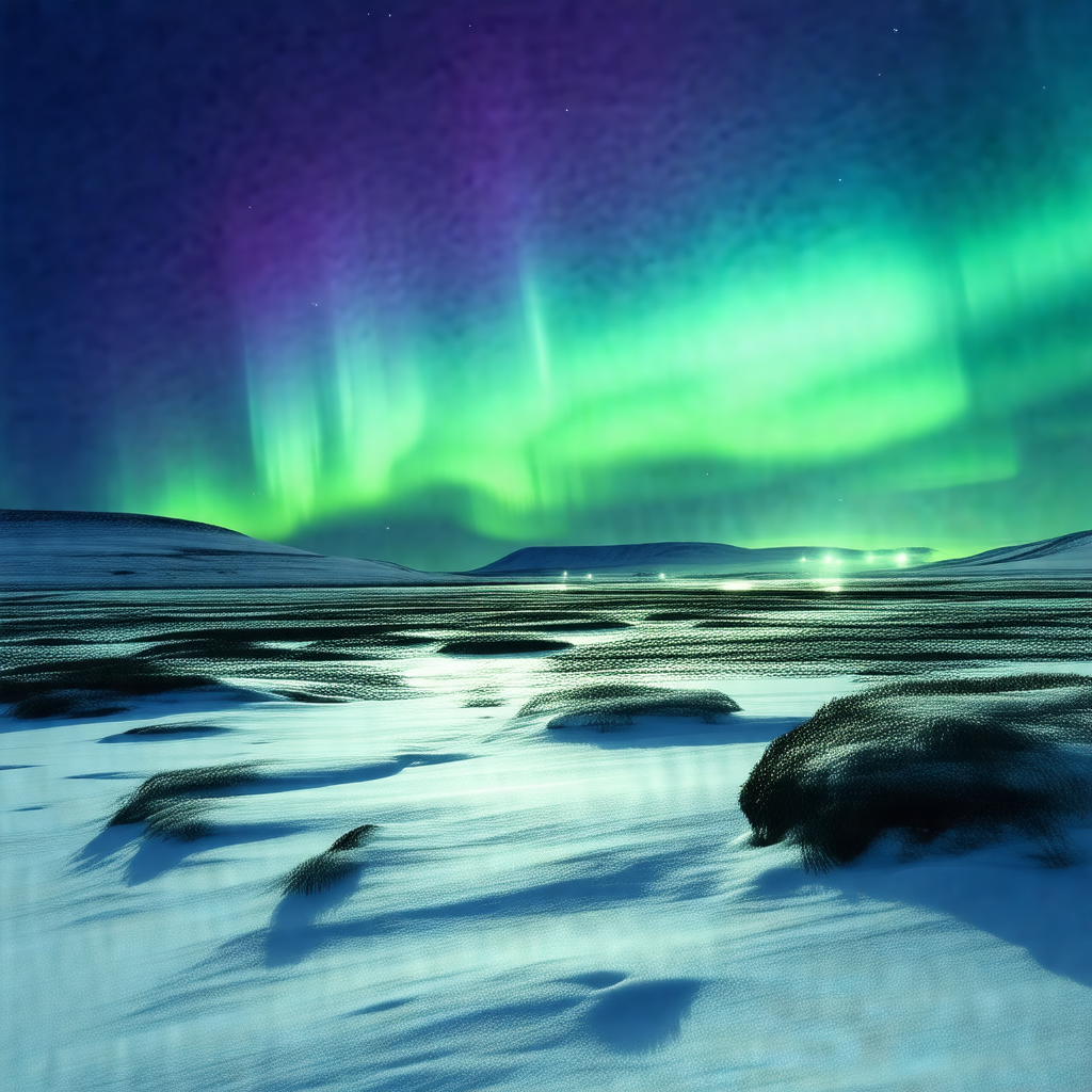 Captures a beautiful night scene with a snow-covered land...