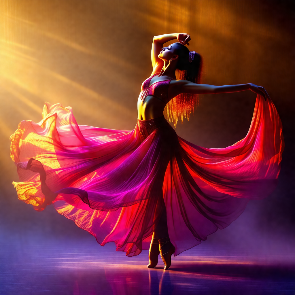 Woman in a pink dress, dancing on a stage