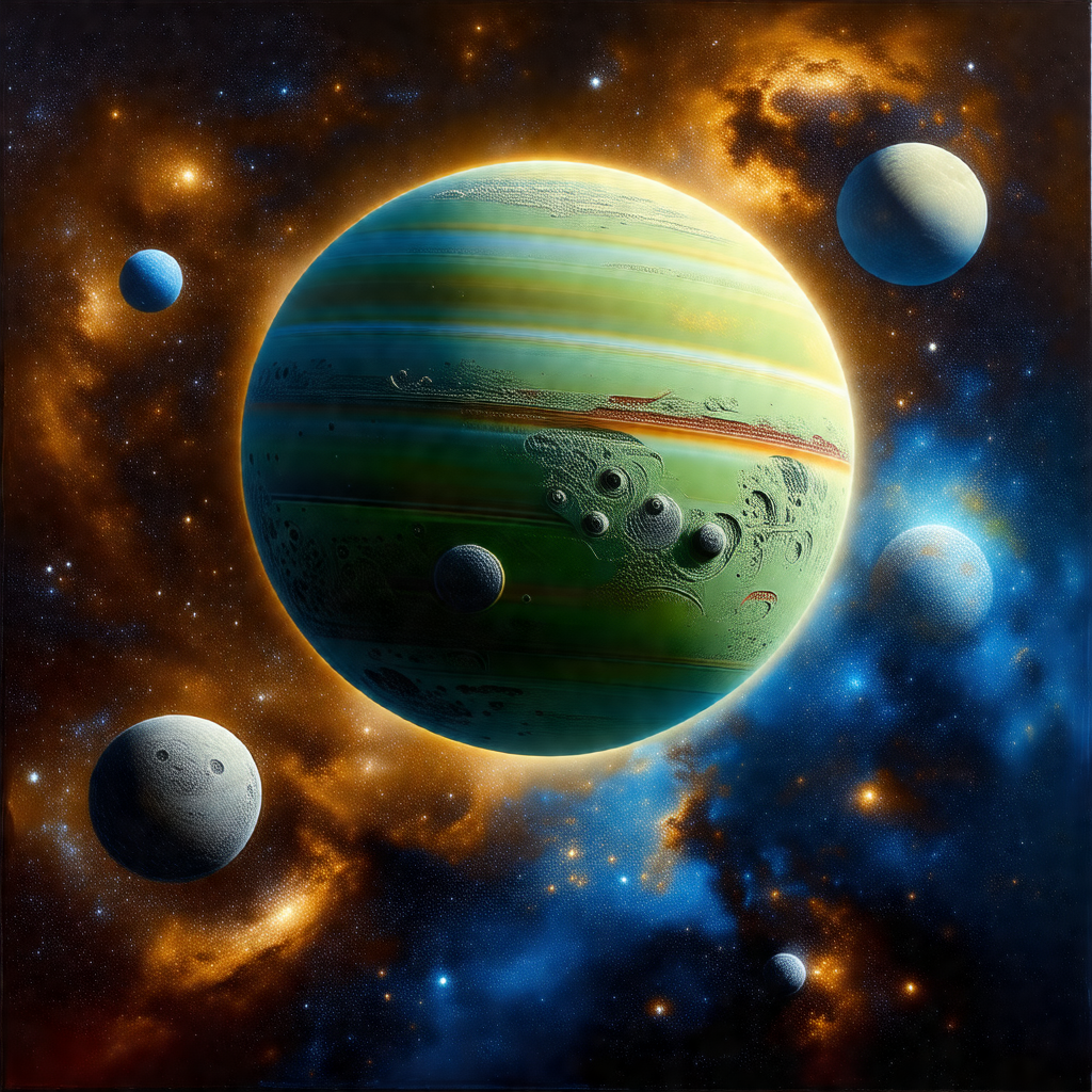 Colorful and detailed painting of a planet with a green a...