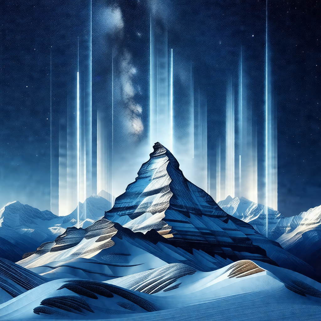 Snowy mountain with a large, illuminated structure on top...