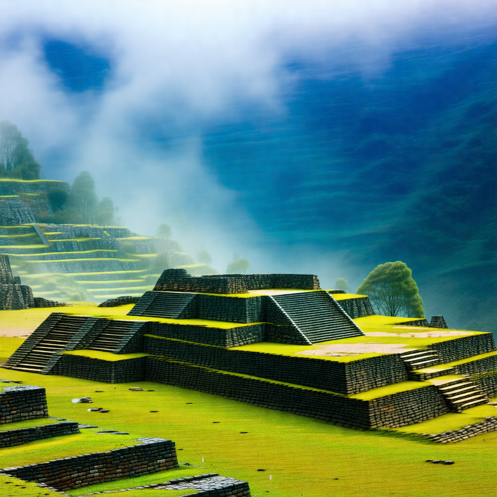 Large, ancient stone structure with a green roof, possibl...