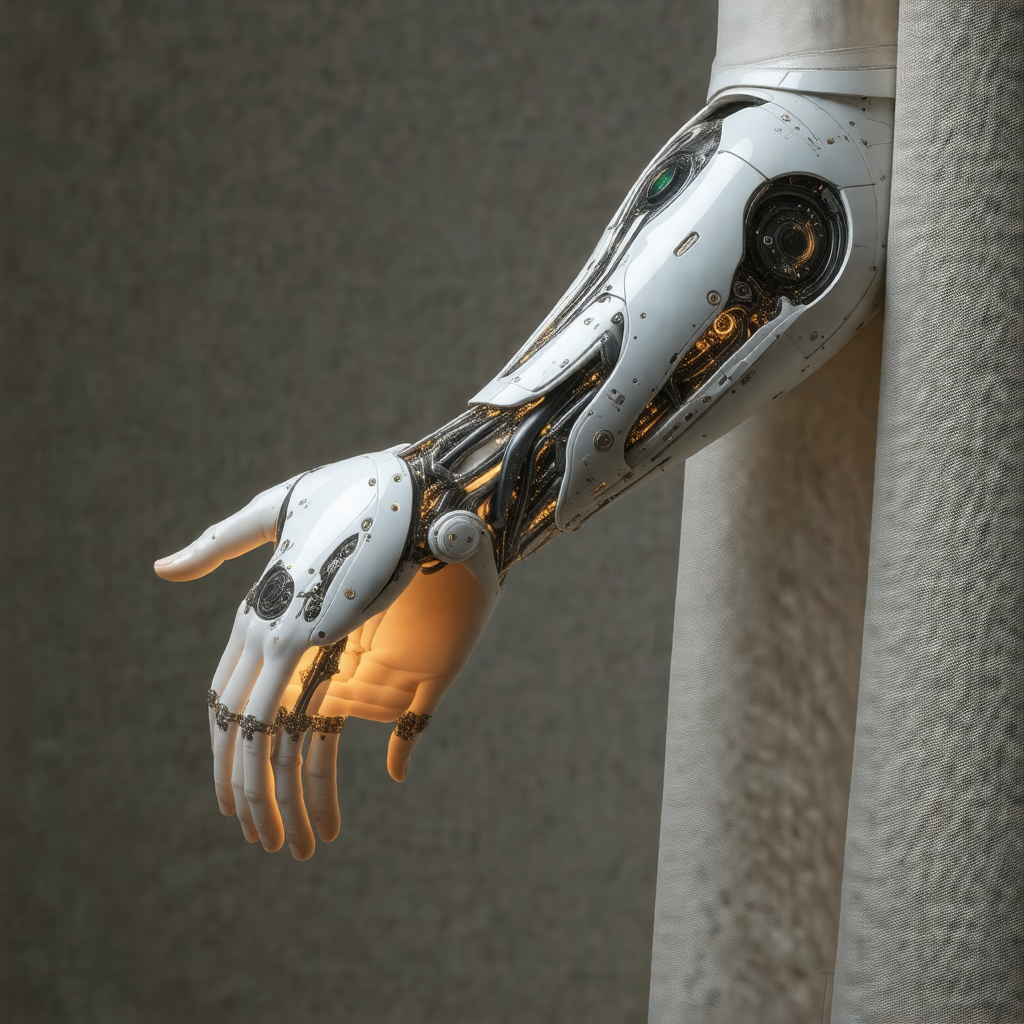 Robotic arm with a white glove, extending outward from a ...