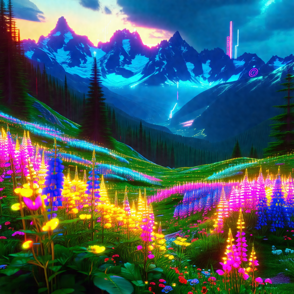 Colorful, computer-generated scene of a mountainous area ...