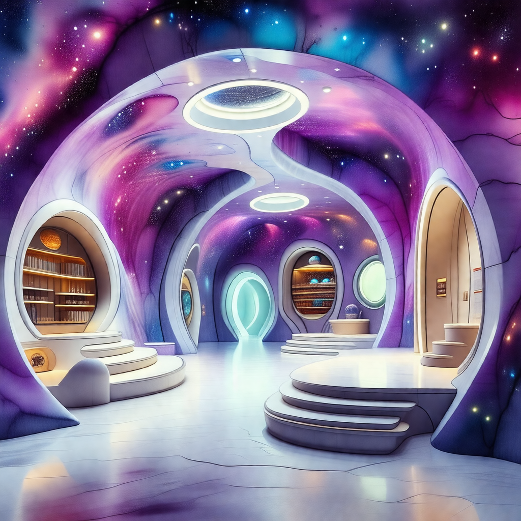Futuristic room with a purple and white color scheme