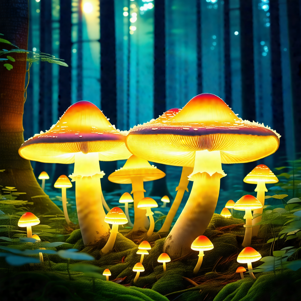 Forest with a group of brightly lit mushrooms growing on ...