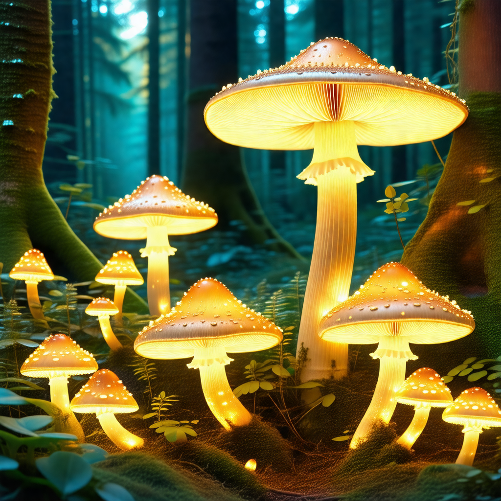 Forest with a group of mushrooms glowing in the dark