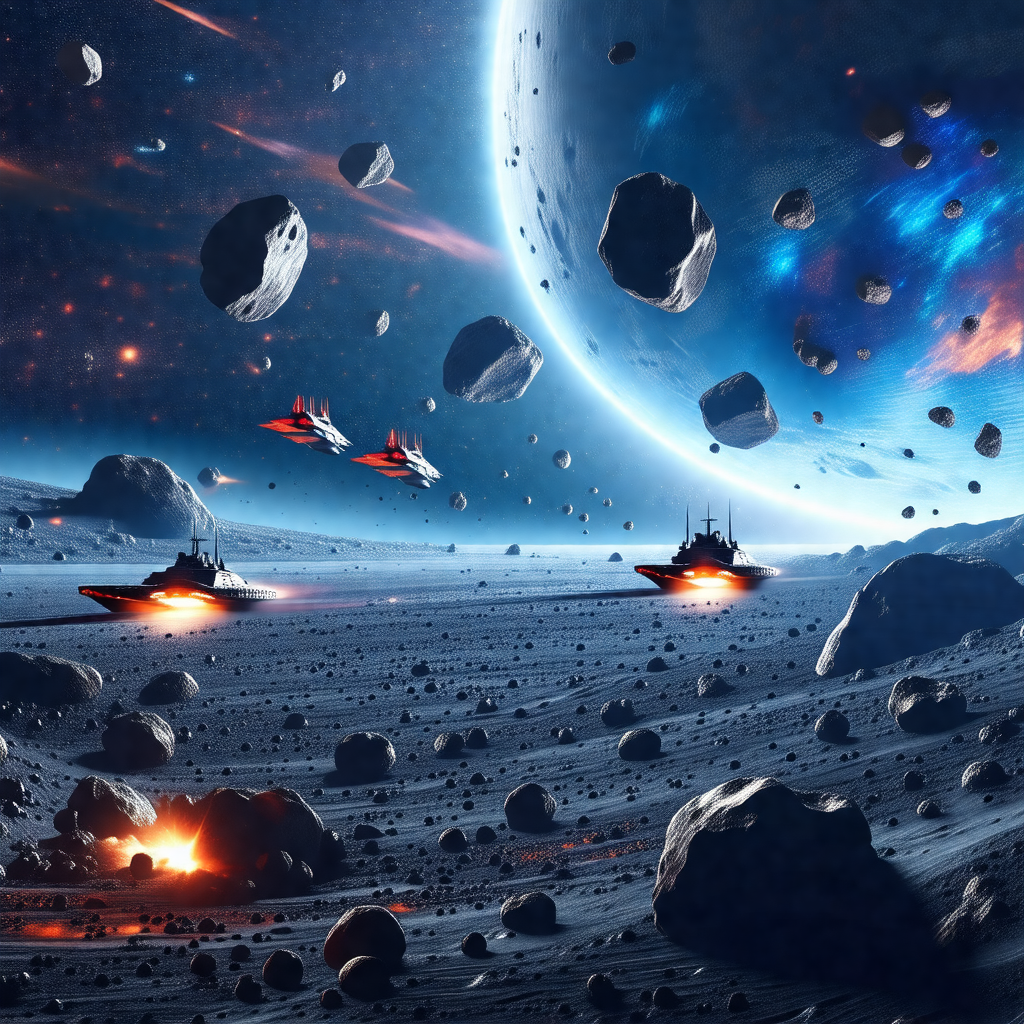 Group of spaceships flying through a dark, star-filled sky