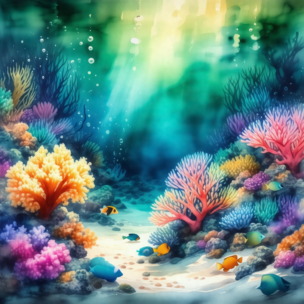 Colorful painting of a coral reef, featuring a variety of...