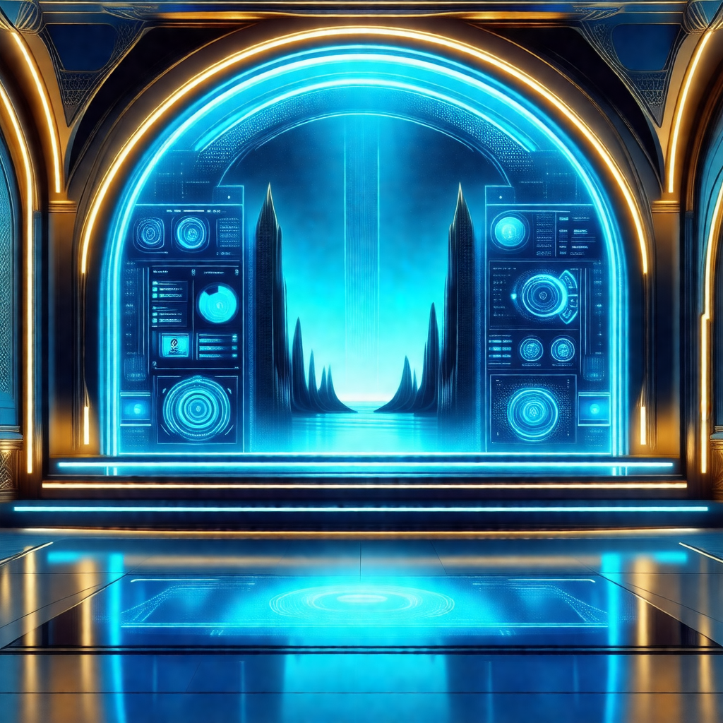 Futuristic setting with a large blue doorway