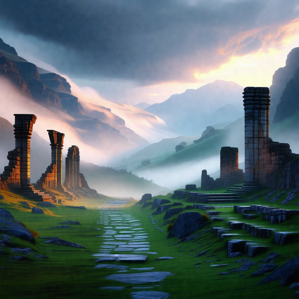 Painting of a mountainous landscape with a path leading t...