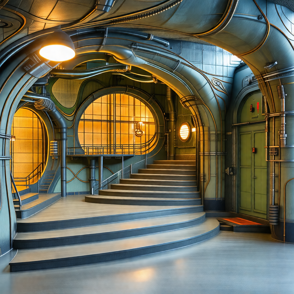 Futuristic-looking room with a spiral staircase in the ce...
