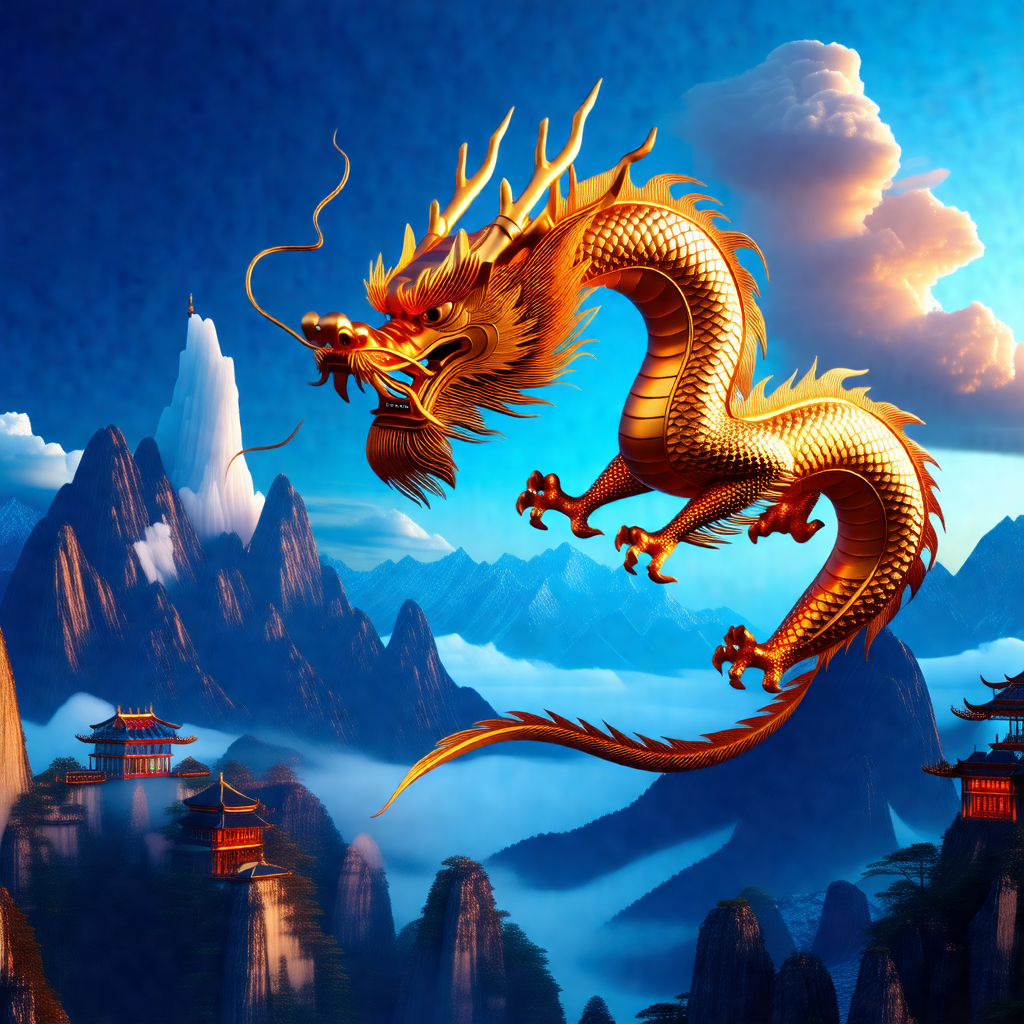 Large, colorful dragon flying through the sky, with a mou...